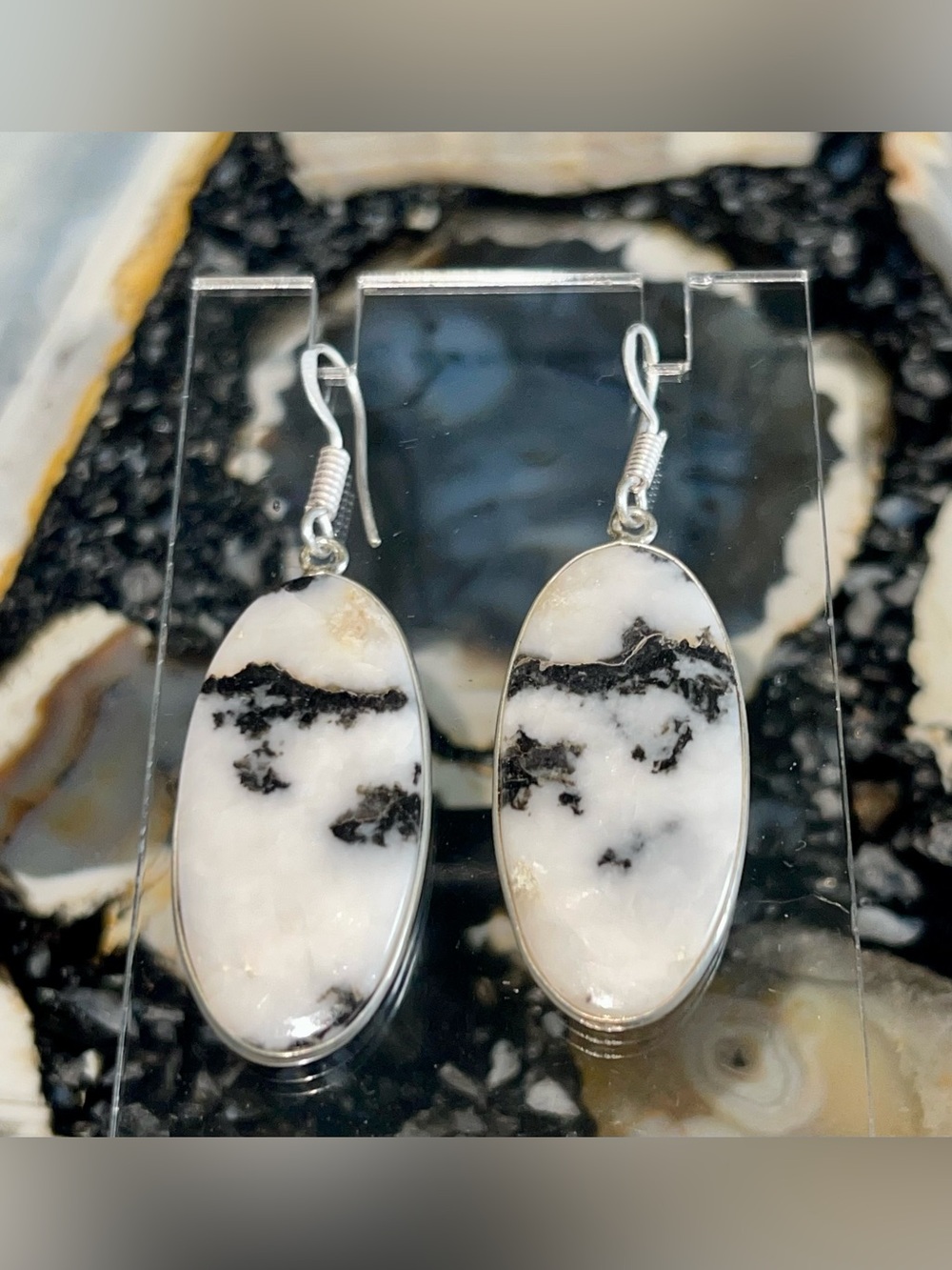 Thin White Buffalo Turquoise Earrings 2” - Picture 5 of 17